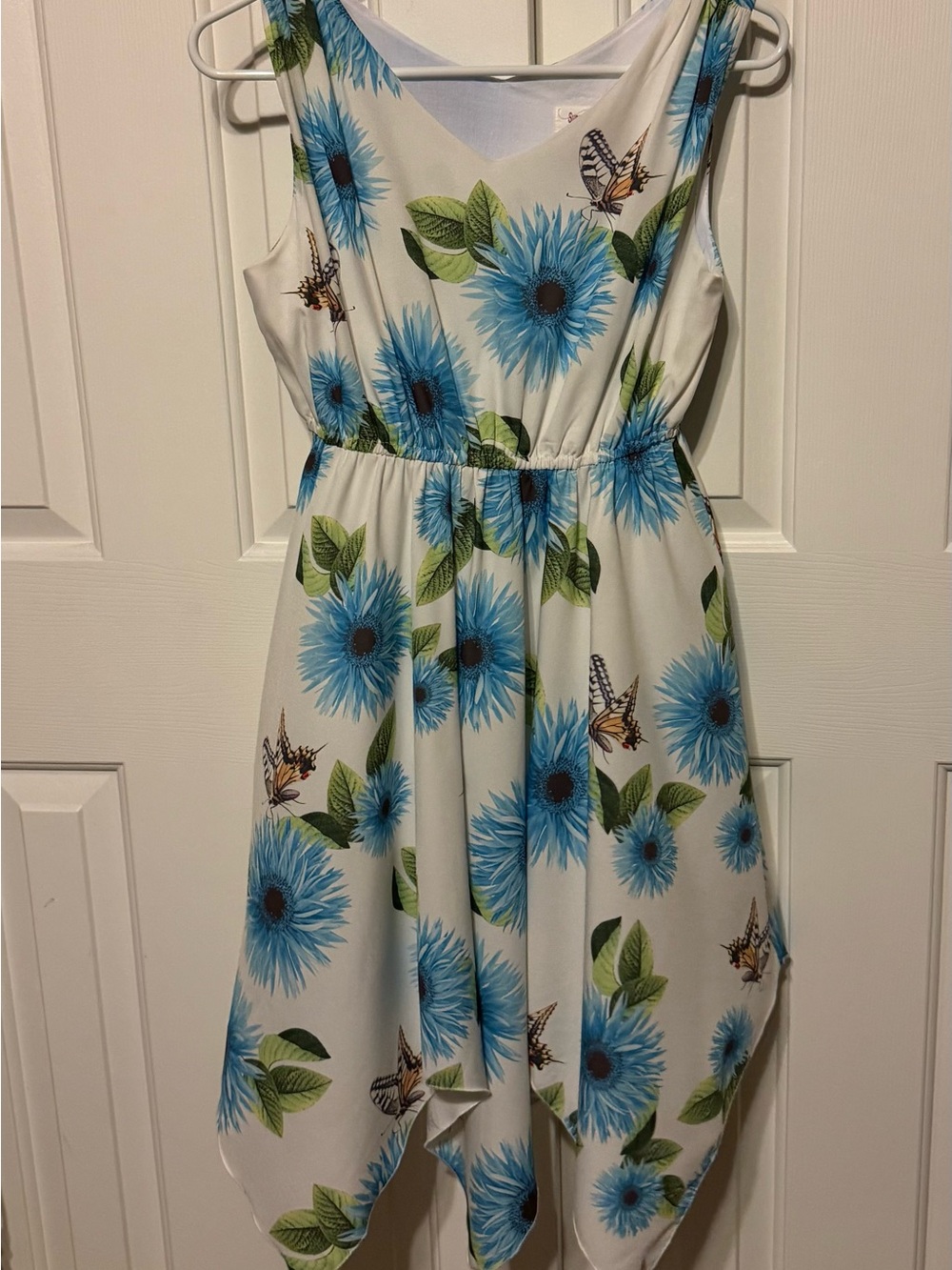 Girls White Hanky Hem Sundress with Blue Floral and Butterfly Print Size 14